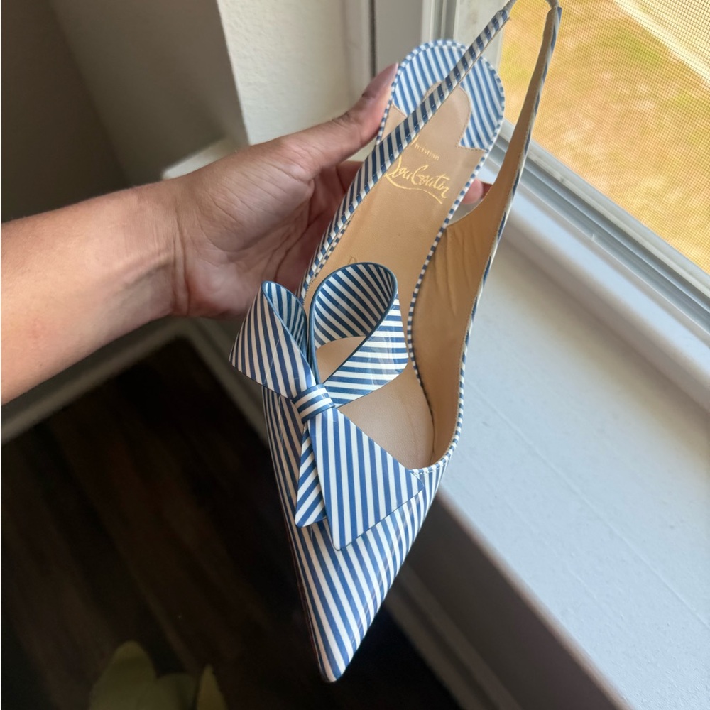 Christian Louboutin Blue/White Striped Bow Slingback Heels AUTHENTIC sz 37 (6/7) - Picture 4 of 11